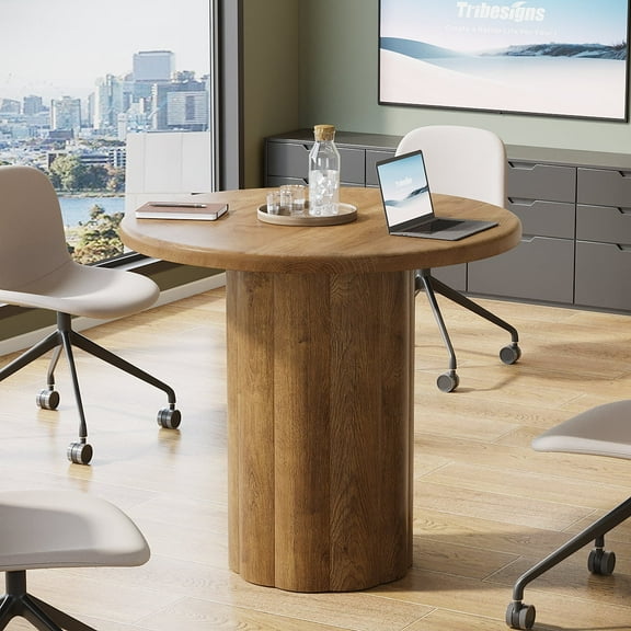 Finmind Small Round Conference Table for 4 , 31.5-Inch Office Tablewith Sturdy Base, Reception Desk for Lounge, Meeting Room, Brown