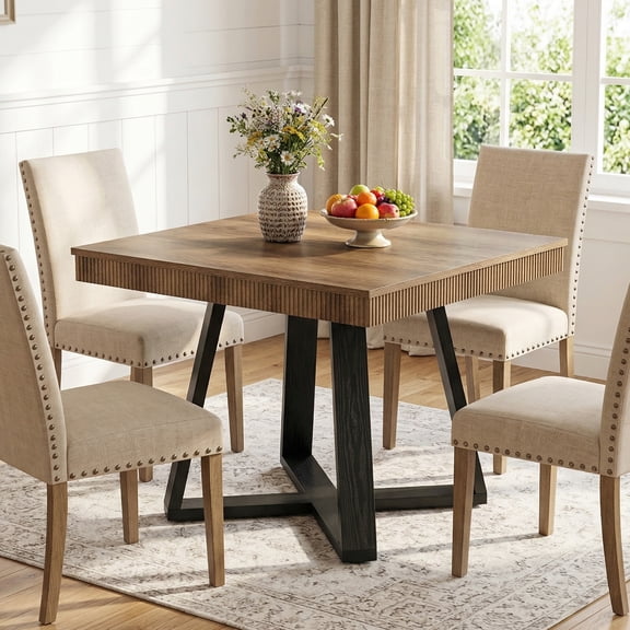 Finmind Small Square Dining Table for 2-4, 31.5" Farmhouse Kitchen Table for Small Space, Brown