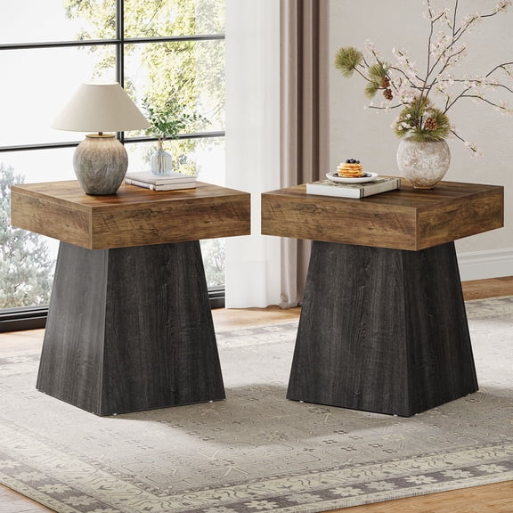 Finmind Small Square End Table Set of 2, Rustic Farmhouse Side Table with Wide Base, Nightstand Beside Bed or Armchair for Living Room, Brown & Dark Grey