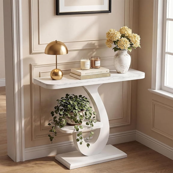 Finmind Small White Entryway Console Table, 39-Inch Modern Narrow Sofa Table with Marble-Effect Top & Side Shelf for  Hallway, Entrance, Foyer, Living Room