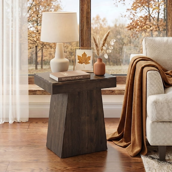 Finmind Solid End Table, 23.6" Wood Side Table with Trapezoid Base for Small Spaces, Living Room, Easy Assembly, Espresso