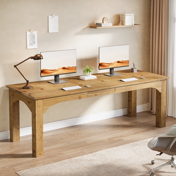 Finmind Solid Wood 2-Person Desk, 78.7 Simple Large Study Writing Table for Home Office, Brown