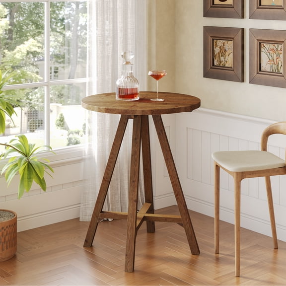 Finmind Solid Wood Bar Table, 31.5 inch Round Pub Bistro Table for Cafe, Dining Room, Kitchen, Living Room, Brown