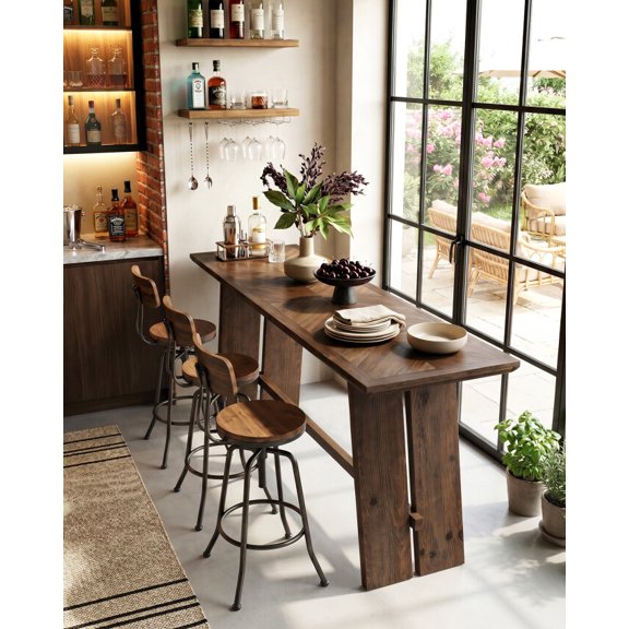 Finmind Solid Wood Bar Table, 61" Counter Height Pub Table with Parquet Tabletop for Home Kitchen, Dining Room,Bistro, Bar, Rustic Dark Brown