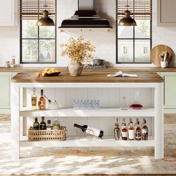 Finmind Solid Wood Bar Table, 63-Inch Counter Height Pub Table with Storage Shelves, Rectangular High Home Bar for Kitchen/Pub/Dining, White and Brown