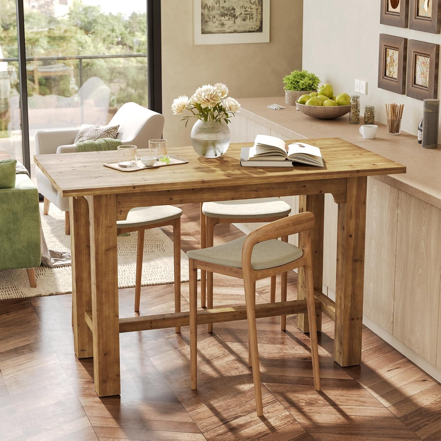 Finmind Solid Wood Bar Table, 63-Inch Long Counter Height Pub Table ...