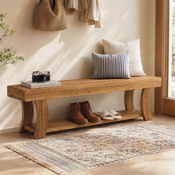 Finmind Solid Wood Bench, 63" Long Farmhouse Entryway Bench with Storage, Rustic Narrow Shoe Storage Bench Seat for Entryway, Hallway, Brown