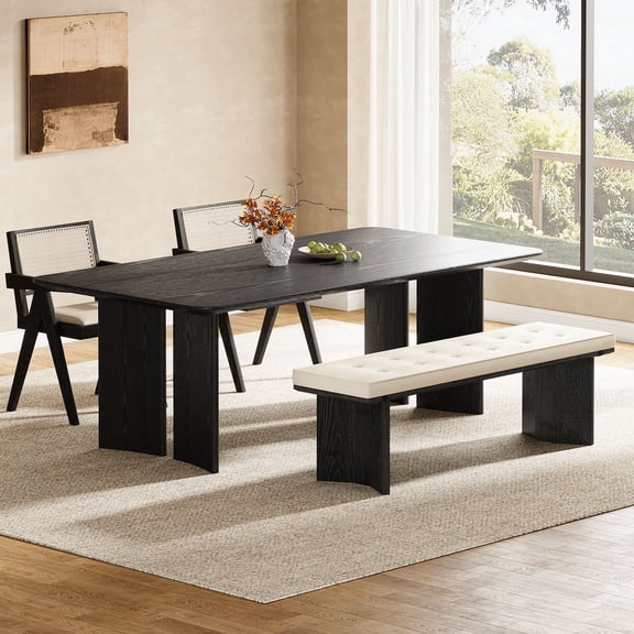 Finmind Solid Wood Bench with Removable Cushion, 55-inch Modern Dining Bench for Entryway, Dining Room, Living Room, Home, Black
