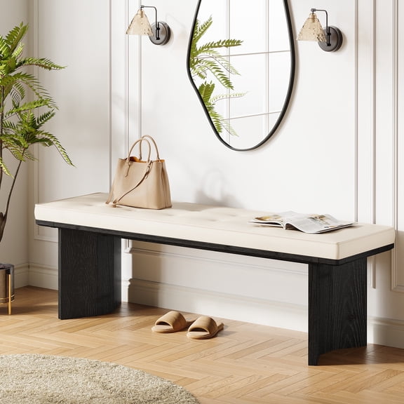 Finmind Solid Wood Bench with Removable Cushion, 55-Inch Modern Shoe Bench for Entryway, Living Room, End of Bed,Black