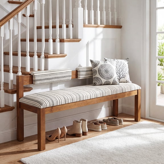 Finmind Solid Wood Bench withBackrest, 55" Upholstered Indoor Window Bench Seat for Entryway, Rustic Brown
