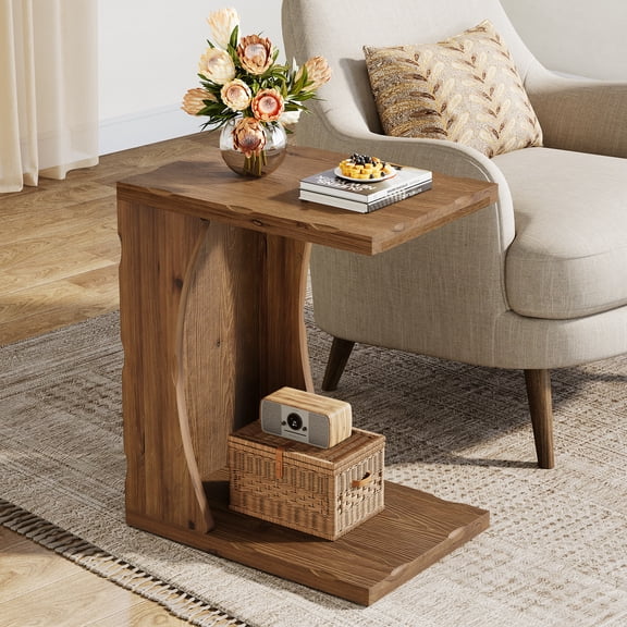 Finmind Solid Wood C-Shaped Side Table, 19.6" Narrow Skinny End Table for Living Room, Rustic Brown