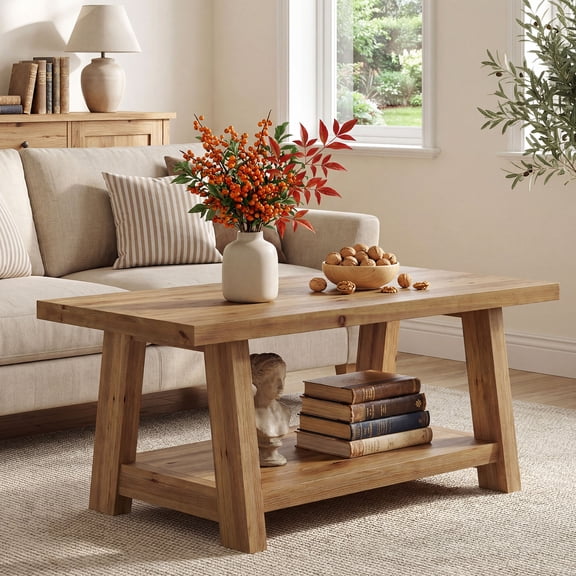 Finmind Solid Wood Coffee Table, 2-Tier Rectangle Accent Center Table with Lower Storage Shelf, Farmhouse Simple Cocktail Tea Tables for Living Room, Brown
