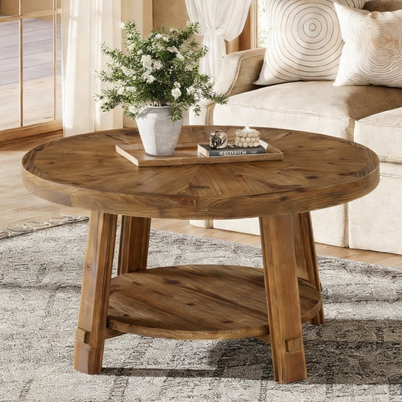 Finmind Solid Wood Coffee Table, 31.5" Farmhouse Round Center Table with 2-Tier Storage, Suitable for Living Room or Bedroom, Rustic Brown