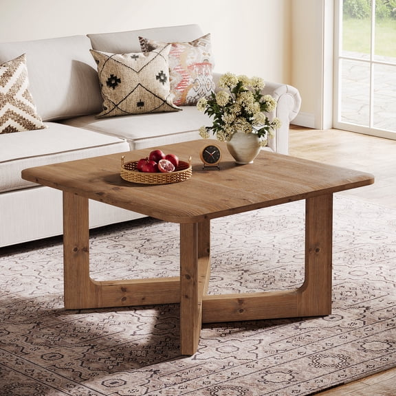 Finmind Solid Wood Coffee Table, 31.5'' Farmhouse Square Center Table Cocktail Tea Accent Table with Sturdy Base for Living Room, Easy to Assemble, Brown