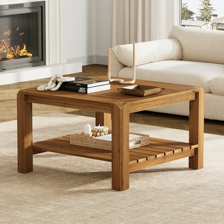 Finmind Solid Wood Coffee Table, 31.5 Inch 2-Tier Square Center Table with Rounded Corners, Modern Rustic Coffee Furniture for Living Room & Family Room, Brown