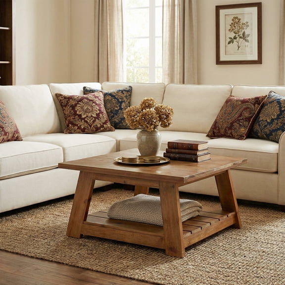 Finmind Solid Wood Coffee Table, 31.5" Rectangular Center Table with Storage for Living Room, Apartment, Brown