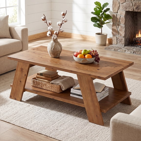 Finmind Solid Wood Coffee Table, 47.2" Rectangular Center Tables with Storage for Living Room, Apartment, Brown