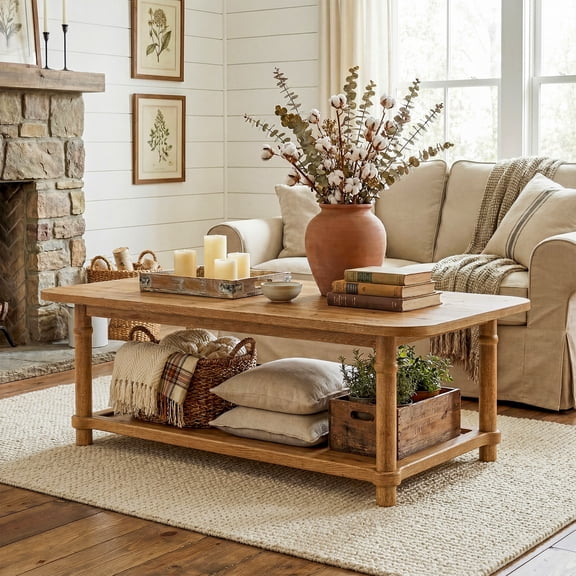Finmind Solid Wood  Coffee Table,  47 Inch Rectangle Center Table with 2-Tier Storage, Modern Farmhouse Coffee Furniture for Living Room,  Brown