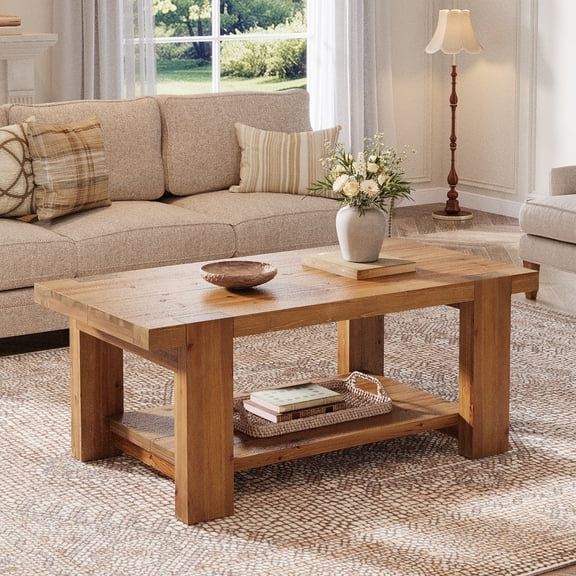 Finmind Solid Wood Coffee Table with Storage Shelf, 47.2 Inch Farmhouse Center Table for Living Room , Heavy-Duty Design for up to 350 lb, Rustic Brown