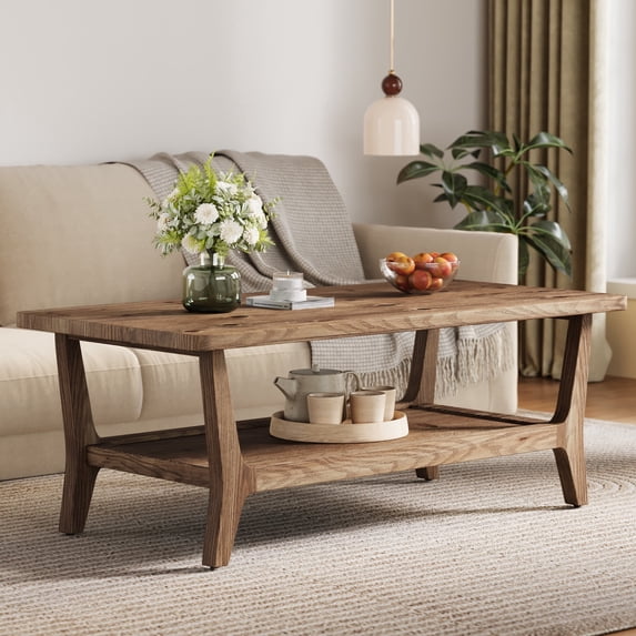 Finmind Solid Wood Coffee Table with Open Storage Shelf, 47-inch Farmhouse Rectangle Center Table for Living Room, Office, Rustic Brown
