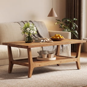 Finmind Solid Wood Coffee Table with Open Storage Shelf, 47-inch Farmhouse Rectangle Center Table for Living Room, Office, Rustic Brown