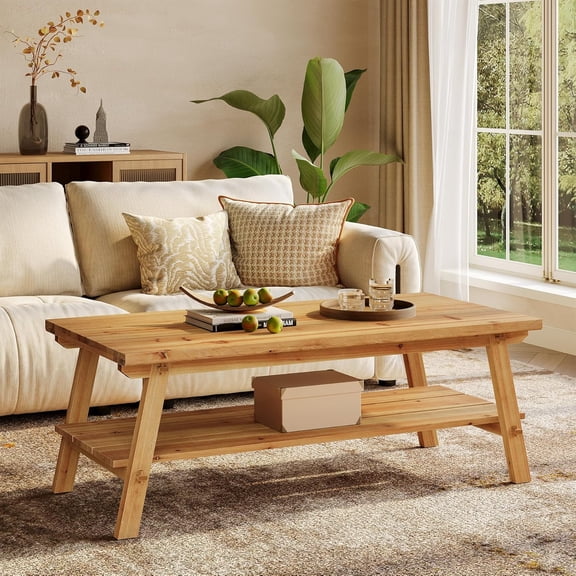 Finmind Solid Wood Coffee Table with Storage, 47-Inch Farmhouse Rectangle Center Table