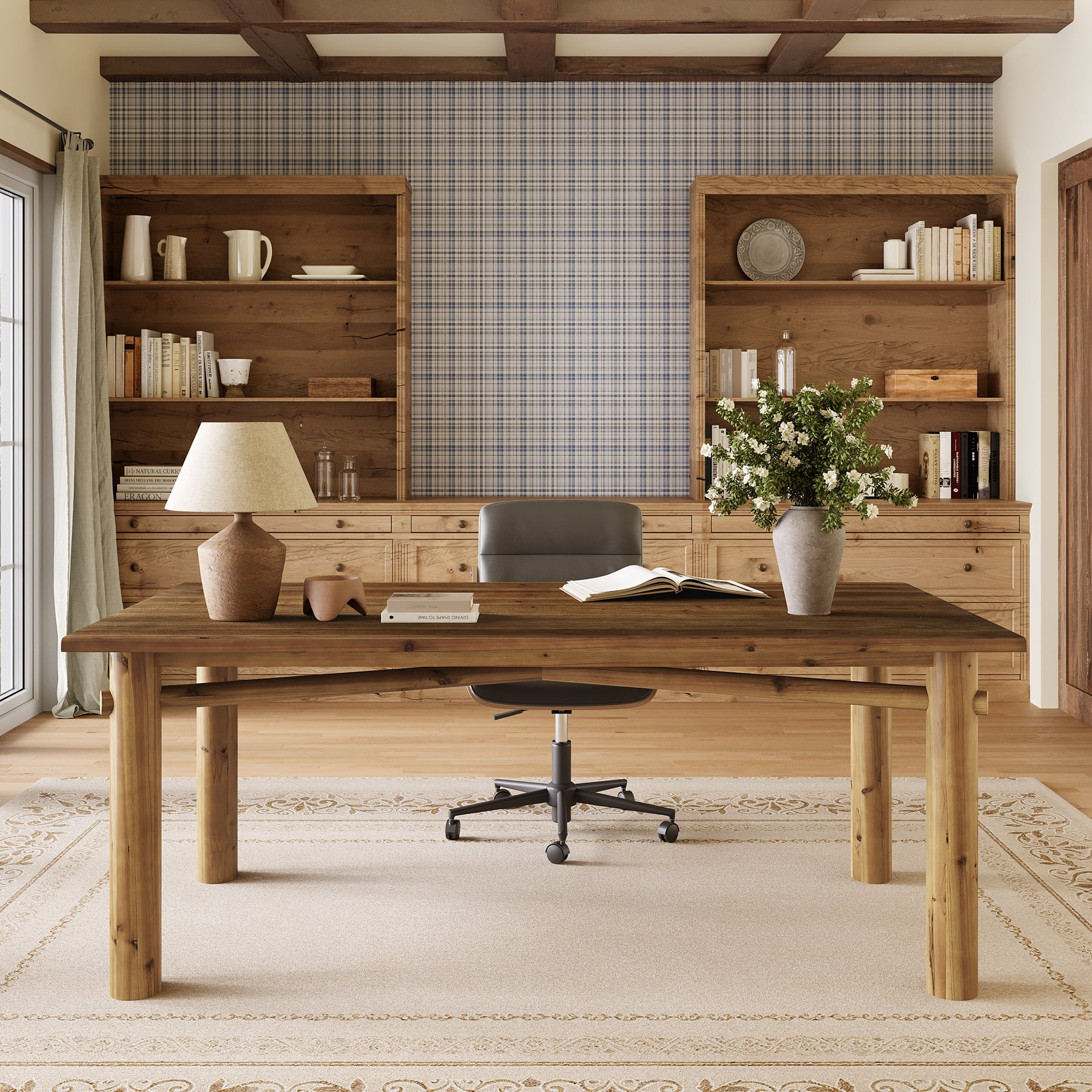 Finmind Solid Wood Computer Desk, 62.99 Inch Large Farmhouse Executive Desk for Office, Home, Study Room, Brown