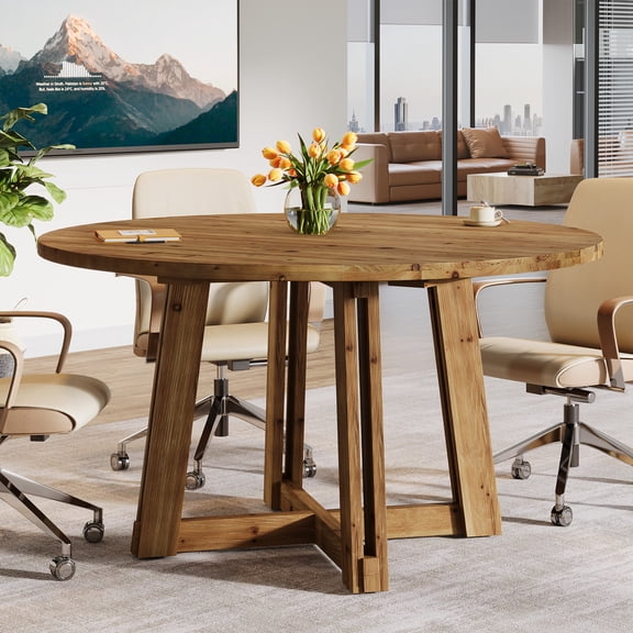 Finmind Solid Wood Conference Table for 4-6 People, 47-Inch Round Wooden Meeting Table with Thickened Tabletop and Solid Crossed Frame, Brown