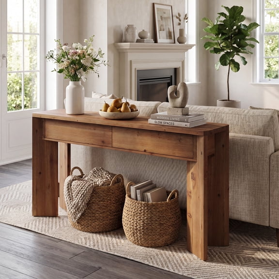 Finmind Solid Wood Console Table with 2 Drawers, 63 inch Entryway Table with Stylish Wood Legs, Farmhouse Long Hall Table for Living Room,Rustic Brown