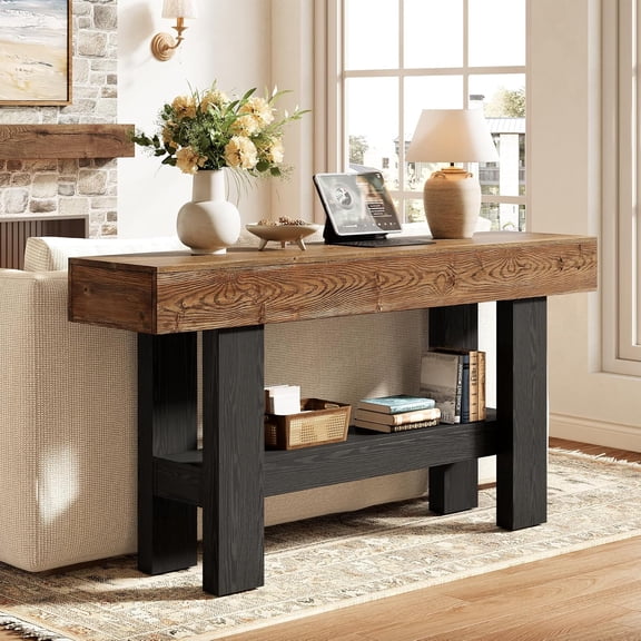 Finmind Solid Wood Console Table, 41.3" Farmhouse Narrow Entryway Table for Living Room, Brown