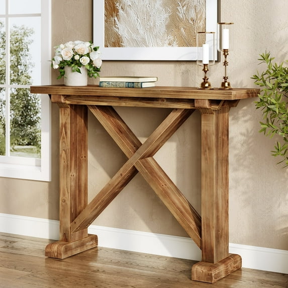 Finmind Solid Wood Console Table, 41.3" Farmhouse Narrow Entryway Table for Living Room, Brown
