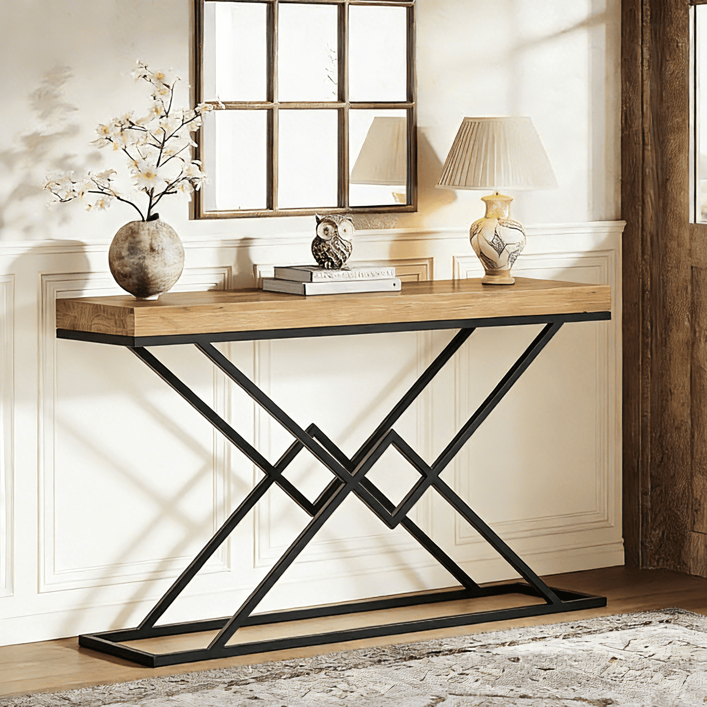 Finmind Solid Wood Console Table, 43.2 inch Modern Industrial Entryway Table with Stylish Geometric Metal Base for Living Room,  Brown& Black
