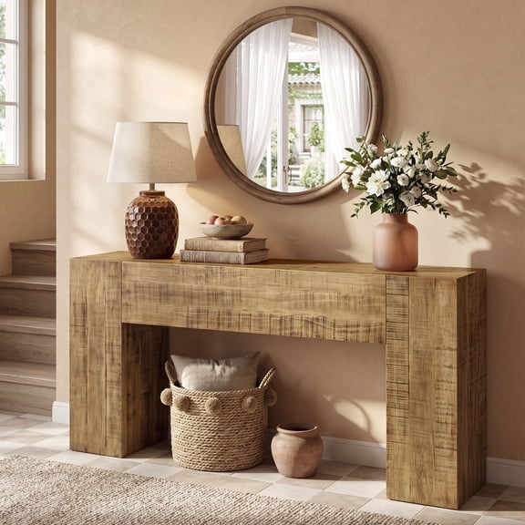 Finmind Solid Wood Console Table, 63-Inch Farmhouse Sofa Table Behind Couch for Entryway, Living Room, Hallway, Foyer, Easy Assembly, Pine Wood, Rustic Brown