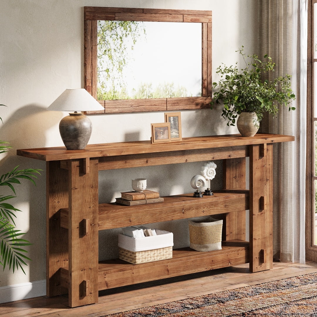 Finmind Solid Wood Console Table, 63-Inch Farmhouse Sofa Table Behind ...