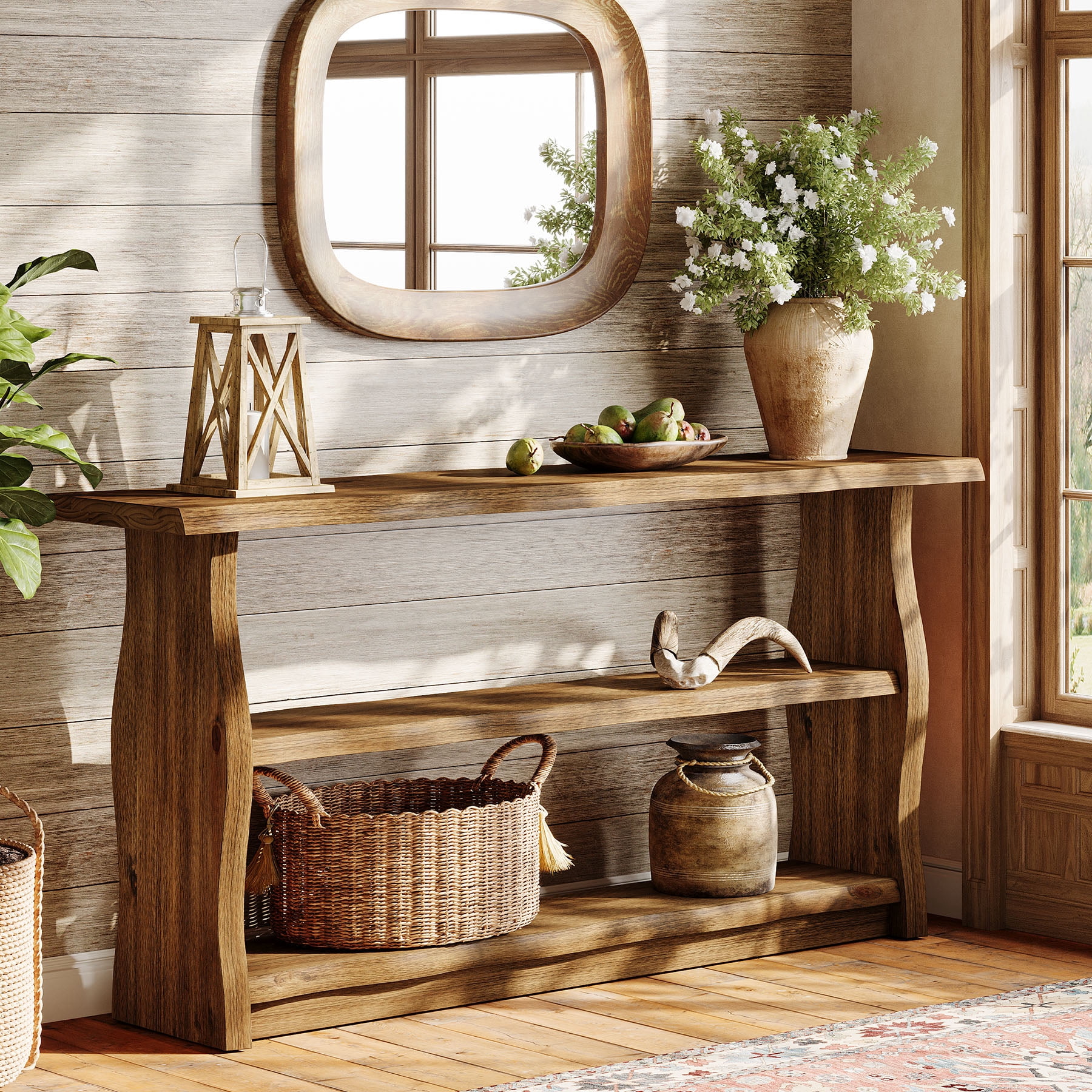 Finmind Solid Wood Console Table, 63 Inch Rustic Pinewood Entryway