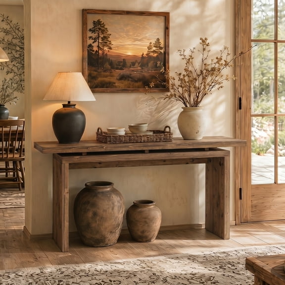 Finmind Solid Wood Console Table, 63" Long Narrow Entryway Table for Hallway, Rustic Brown