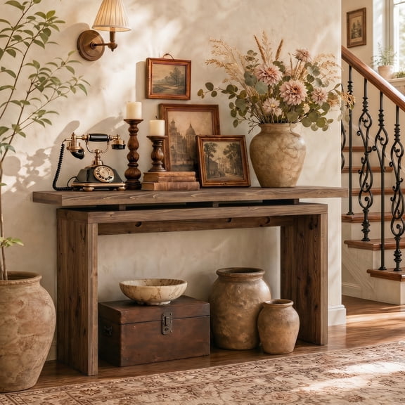 Finmind Solid Wood Console Table, 63" Narrow Wood Long Sofa Table Behind Couch, Rustic Brown
