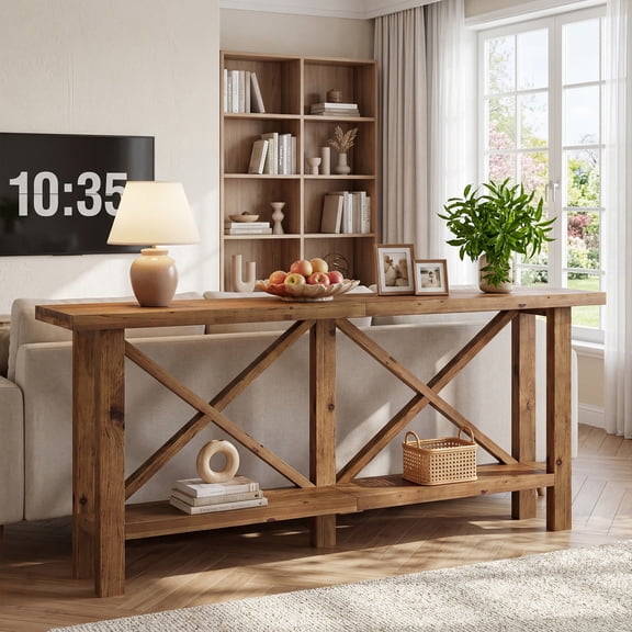 Finmind Solid Wood Console Table, 70.9-Inch Long Narrow Entryway Table with Storage for Hallway, Rustic Brown