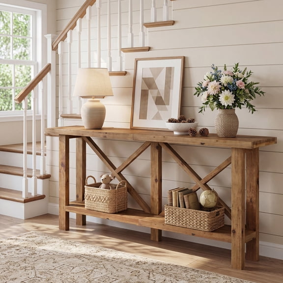 Finmind Solid Wood Console Table, 70.9" Narrow Wood Long Sofa Table Behind Couch, Rustic Brown