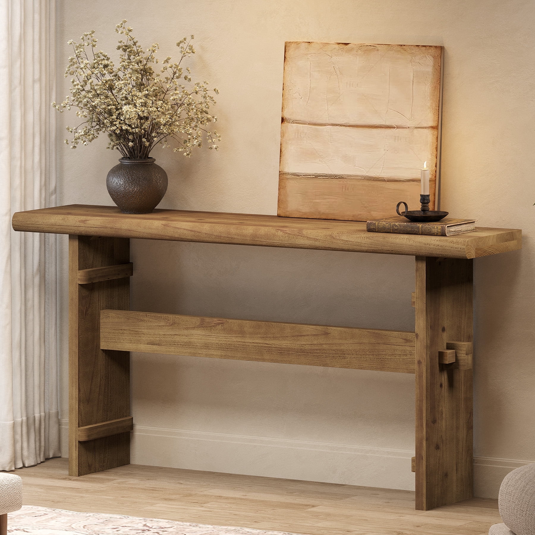 Finmind Solid Wood Console Table for Entryway, 63-Inch Long Farmhouse Sofa Table Behind Couch, for Foyer, Hallway, Living Room