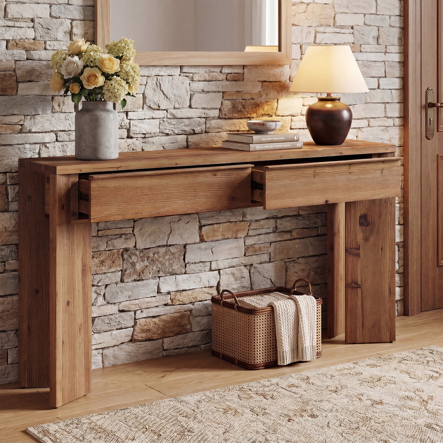 Finmind Solid Wood Console Table with 2 Drawers, 63" Long Entryway ...
