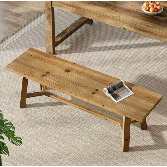 Finmind Solid Wood Dining Bench, Farmhouse 55.12-Inch Long Kitchen Bench with Strengthened Legs for Dining Room, Natural Brown