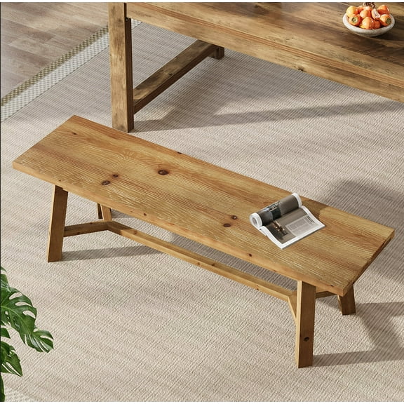 Finmind Solid Wood Dining Bench, Farmhouse 55.12-Inch Long Kitchen Bench with Strengthened Legs for Dining Room, Natural Brown