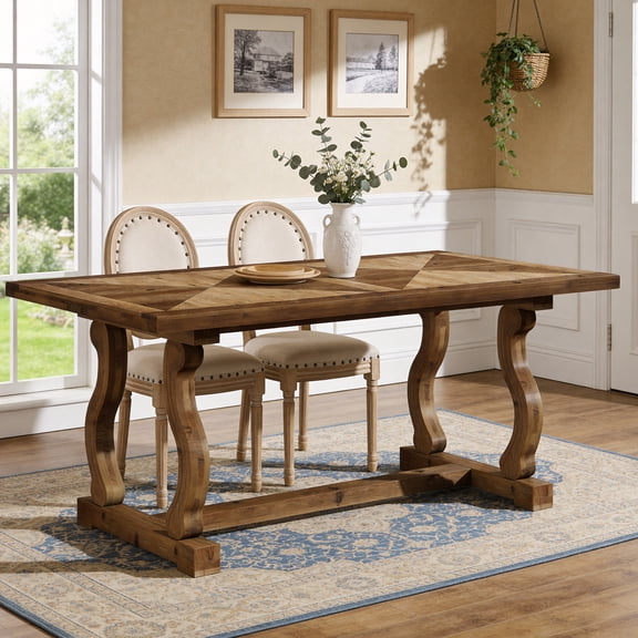 Finmind Solid Wood Dining Table for 4-6 People, 63" Farmhouse Rectangle Kitchen Table with Diamond Parquetry Top and S-Scroll Legs, Large Rustic Wooden Kitchen & Dining Room Furniture, Walnut