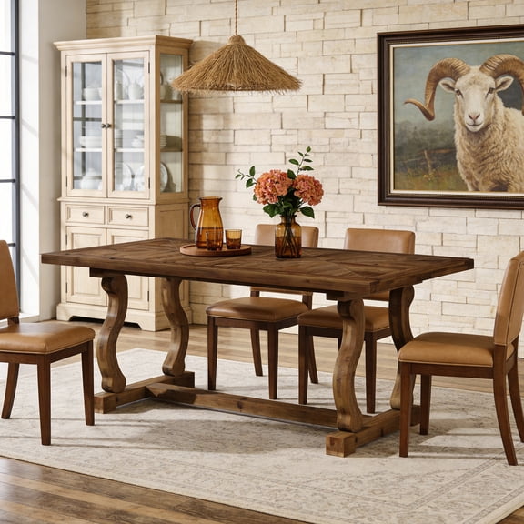 Finmind Solid Wood Dining Table for 4-6 People, 63" Farmhouse Rectangle Kitchen Table with Diamond Parquetry Top and S-Scroll Legs, Large Rustic Wooden Kitchen & Dining Room Furniture, Walnut