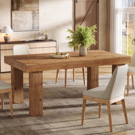 Finmind Solid Wood Dining Table for 4-6, Farmhouse Wood Long Rectangle Kitchen Table, Brown