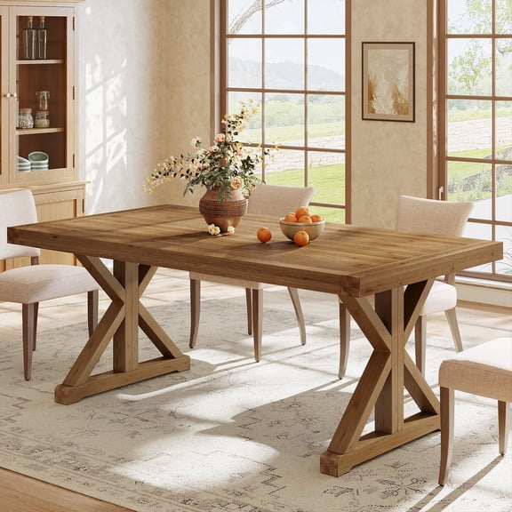 Finmind Solid Wood Dining Table for 4-6, Farmhouse Wood Long Rectangle Kitchen Table, Dark Brown