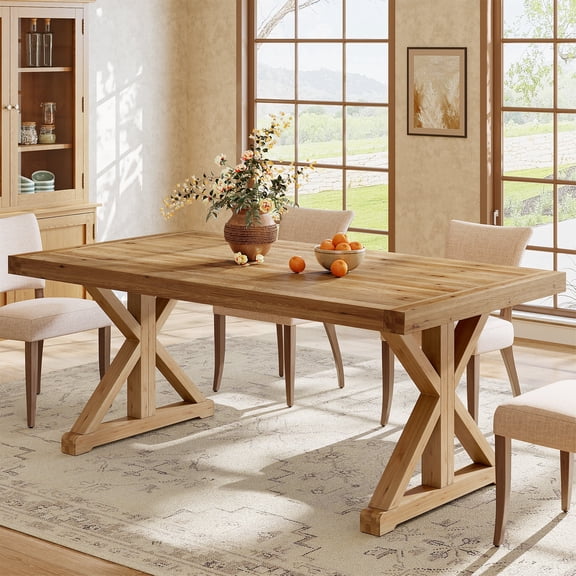 Finmind Solid Wood Dining Table for 4-6, Farmhouse Wood Long Rectangle Kitchen Table, Natural Brown