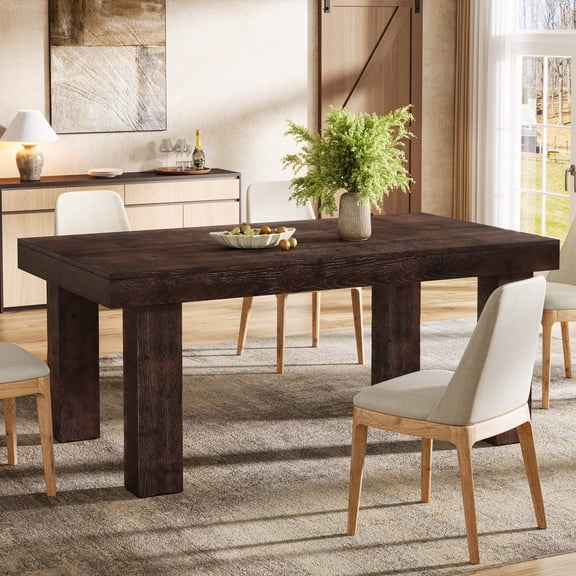 Finmind Solid Wood Dining Table for 4-6, Farmhouse Wood Long Rectangle Kitchen Table, Walnut Brown