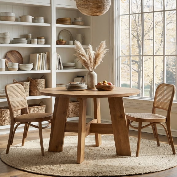 Finmind Solid Wood Dining Table for 4-6 People, 47 inch Round Kitchen Table for Dining Room, Living Room, Rustic Brown